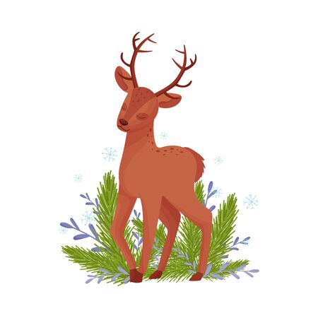 Cute Deer Animal Standing Beside Winter Flora with Closed Eyes Vector Illustrationのイラスト素材