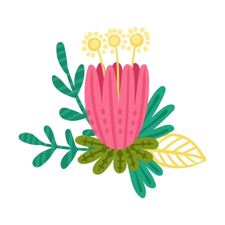 Stylized Floral Composition with Fancy Shaped Flowers Vector Illustration. Botanical Composition with Creative Plantsのイラスト素材