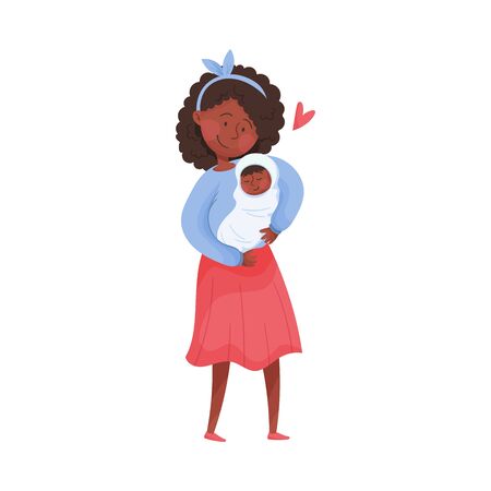 Mom and Her Kid Vector Illustration. Young Mother Holding Her Baby in Arms and Embracingのイラスト素材