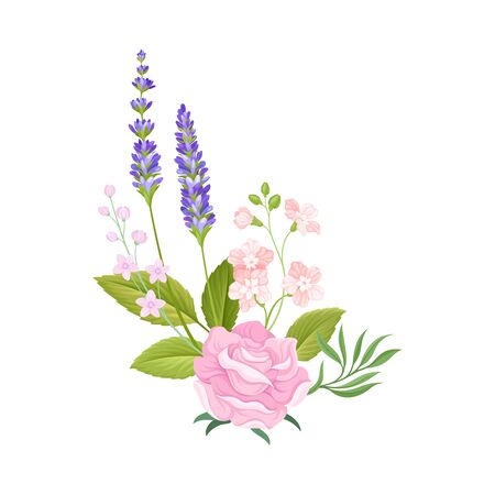 Floral Composition of Tender Rose Bud and Lavender Twigs Vector Illustration. Botanical Arrangement for Border Decoration Conceptのイラスト素材