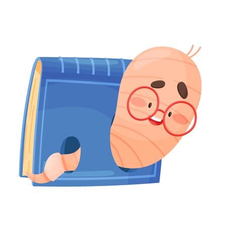 Smiling Bookworm Crawling in Hole of Book Cover Vector Illustrationのイラスト素材