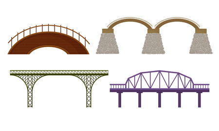 Various Types of Bridges Made of Concrete and Metal Isolated on White Background Vector Setのイラスト素材