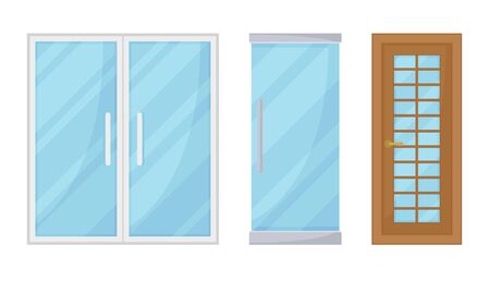 Glass Double Door and Wooden Interior Door Vector Setのイラスト素材