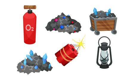 Mining Equipment and Tools with Torch and Dynamite Vector Setのイラスト素材