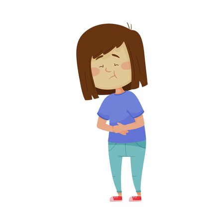 Little Girl Standing with Her Hands on Her Stomach Because of Pain Vector Illustration. Kid Suffering from Stomachache and Feeling Unwell Conceptのイラスト素材