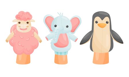 Hands with Animal Puppets on Top of It Vector Set. Marionette Performance for Little Kids Conceptのイラスト素材