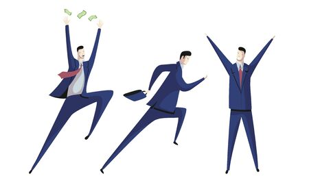 Professional Office Employee Wearing Formal Suit Raising His Hands Up in Triumph Vector Illustrations Setのイラスト素材