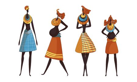 African Braided Woman Wearing Tribal Clothing Carrying Child Vector Set. Indigenous Cultural Tradition Conceptのイラスト素材