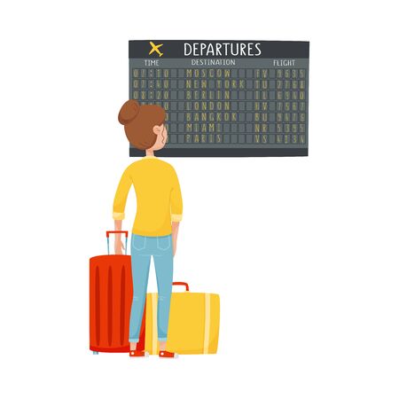 Woman Standing in Front of Display Board in the Airport Looking for Her Flight Vector Illustrationのイラスト素材
