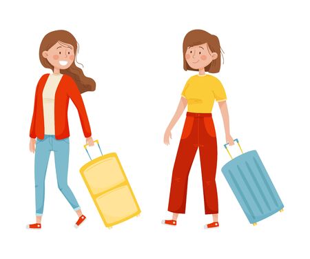 Smiling Women Walking with Luggage Bags in the Airport and Talking Waiting for the Flight Vector Illustrationのイラスト素材