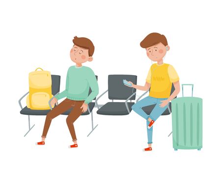 Men Sitting in the Airport Waiting for Their Flight Vector Illustrationのイラスト素材