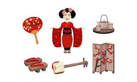 Japan Landmarks with Tea Ceremony and Geisha Vector Setのイラスト素材