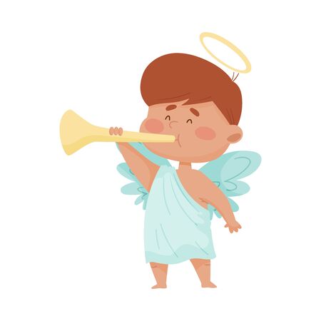 Cute Boy Angel with Gold Nimbus and Wings Holding Trumpet Vector Illustrationのイラスト素材