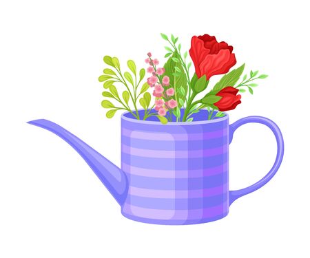 Flower Bouquet Put in Watering Can Vector Illustration. Floristic Composition for Garden Decorationのイラスト素材