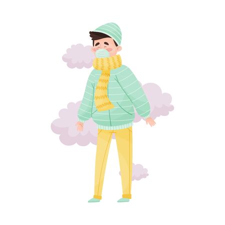 Young Man Standing in Smoke Wearing Safety Mask Because of Bad Air and Dust Vector Illustration. Polluted Environment and Health Protection Conceptのイラスト素材