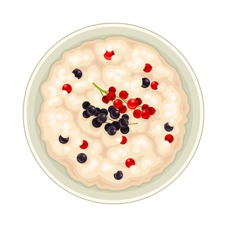 Oatmeal in Bowl with Berries Top View Vector Illustration. Sweet and Healthy Breakfast Conceptのイラスト素材