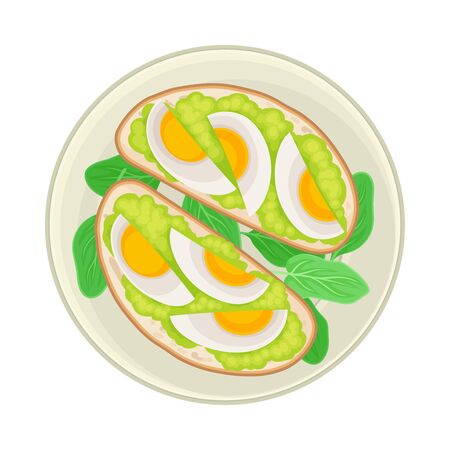 Sandwiches with Avocado and Boiled Egg Served on Plate with Greenery Vector Illustrationのイラスト素材