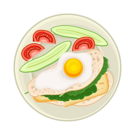 Sandwich with Scrambled Egg and Greenery Served on Plate with Vegetables Vector Illustrationのイラスト素材