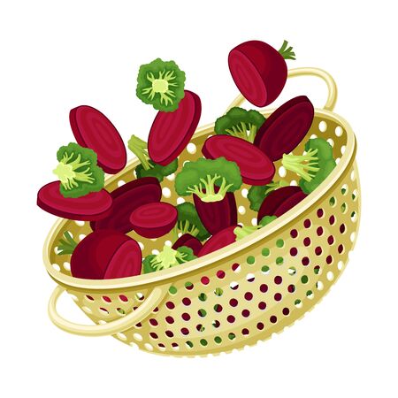 Kitchen Colander or Strainer Made of Plastic with Sliced Vegetables Inside Vector Illustrationのイラスト素材