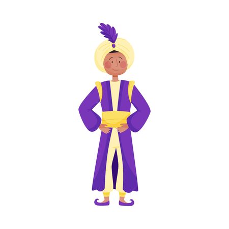 Young Man Character in Turban Wearing East Clothing Vector Illustration. Male Dressed in Oriental Costumeのイラスト素材