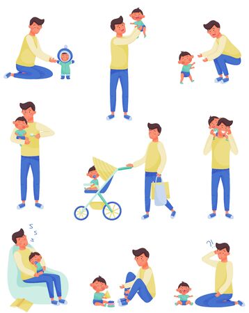Father Character Nursing and Playing with Baby Vector Illustrations Set. Enjoying Fatherhood Conceptのイラスト素材