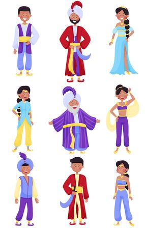 People Characters Wearing East Clothing Vector Illustrations Setのイラスト素材
