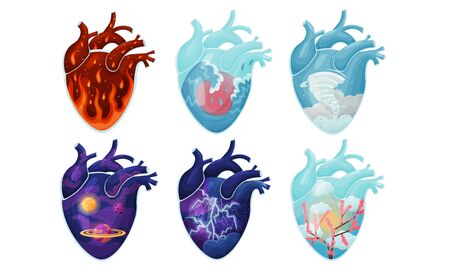 Human Hearts with Vessels and Scenes with Galaxy and Fire Inside Vector Setのイラスト素材