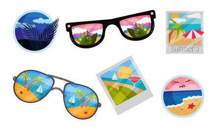 Summer Vacation Attributes with Sunglasses and Photographs Vector Set