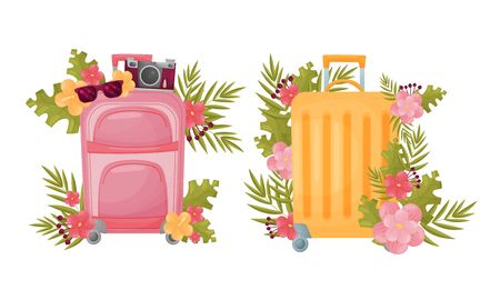 Travel Compositions with Luggage Bag and Tourist Attributes Decorated with Floral Arrangement Vector Setのイラスト素材