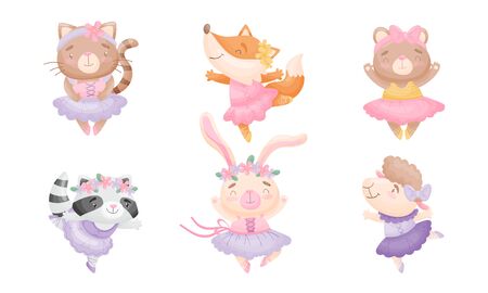 Cute Cartoon Animals in Ballet Skirt Dancing Vector Setのイラスト素材