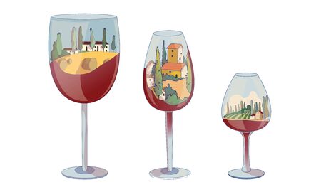Wine Glasses with Red Liquid on the Bottom and Vineyard Landscape Inside Vector Set. Wine Industry with Ranch and Burgundy Views Conceptのイラスト素材