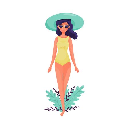 Dark-haired Girl in Sunglasses and Swimsuit Walking Along the Beach Vector Illustrationのイラスト素材