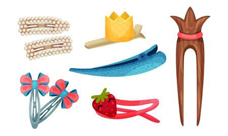 Hair clips and Clasps Isolated on White Background Vector Setのイラスト素材