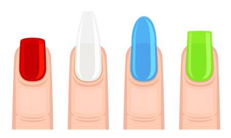 Fingers with Nails of Different Shapes Colored with Nail Polish Vector Set. Female Manicure Conceptのイラスト素材