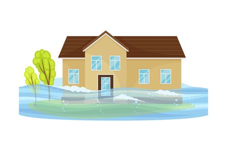 House Undergoing Natural Disaster Like Overflow Water Vector Illustration. Destructive Environmental Condition and Life Hazard Conceptのイラスト素材