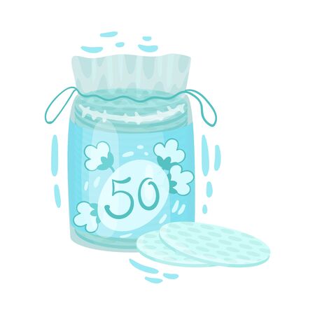 Package with Cotton Pads Inside Isolated on White Background Vector Illustration. Cosmetic Round Napkin for Makeup and Face Cleansing Conceptのイラスト素材