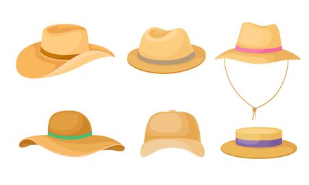 Wide Brimmed Textile Hats and Cap for Male and Female Vector Setのイラスト素材