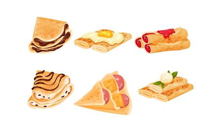 Crepes or Blinis with Different Stuffing Rolled and Folded in Triangle Shape Vector Set. Traditional Homemade Dessert and Pastry Conceptのイラスト素材
