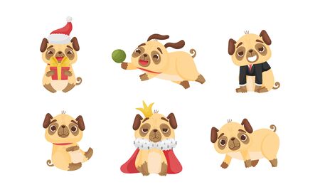 Cute Pug-dog Puppy Wearing Mantle and Playing with Ball Vector Setのイラスト素材