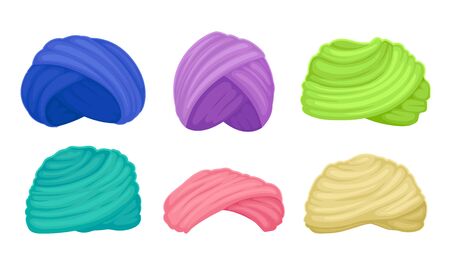 Indian and Arabian Colorful Turbans or Imamah Vector Set. Traditional Muslim Headdress with Long Scarf Wrapped Round the Head Conceptのイラスト素材