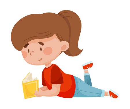 Girl Lying on the Floor with Open Book and Reading Vector Illustrationのイラスト素材