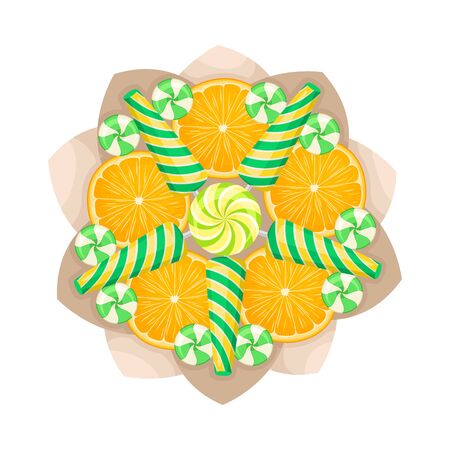 Sweets Bouquet with Striped Candies and Orange Slices Wrapped in Paper Pack View from Above Vector Illustrationのイラスト素材