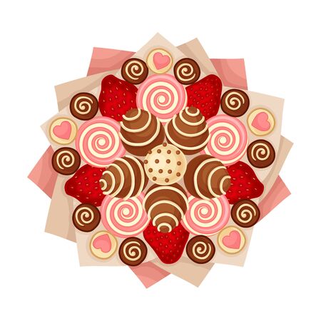 Bouquet of Swirly Sweets and Chocolate Covered Candies in Paper Wrap View from Above Vector Illustrationのイラスト素材