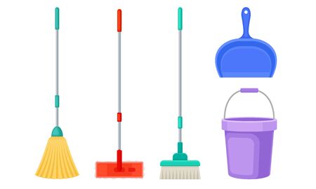 Cleaning Equipment with Bucket, Mop and Shovel Vector Setのイラスト素材