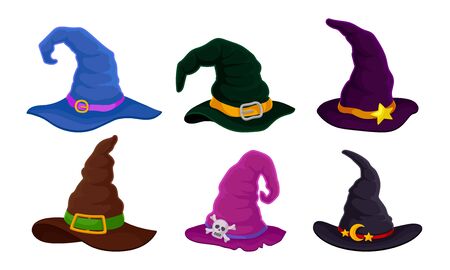 Colorful Witch and Wizards Hat with Belt and Pointed Cap Vector Setのイラスト素材
