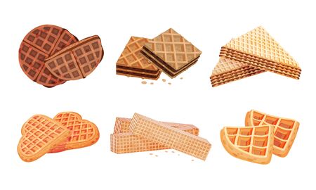 Layered Waffle or Wafer Desserts with Textured Surface Vector Setのイラスト素材