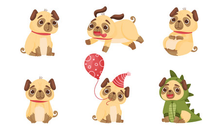 Cute Pug-dog Puppy Wearing Dinosaur Costume and Holding Balloon Setのイラスト素材