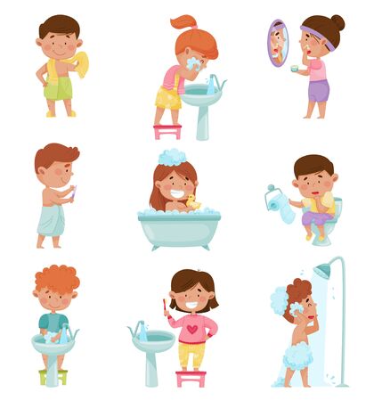 Kid Characters Taking Bath and Brushing Teeth Vector Illustrations Setのイラスト素材