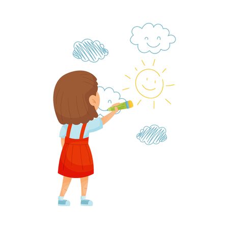 Smiling Girl Drawing Clouds with Felt Pen on the Wall Vector Illustration. Artistic Recreation for Children Conceptのイラスト素材