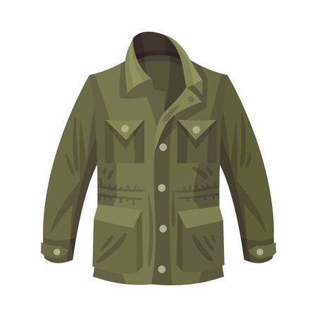 Khaki Buttoned Jacket with Side Pockets and Collar as Male Clothing Item Vector Illustrationのイラスト素材
